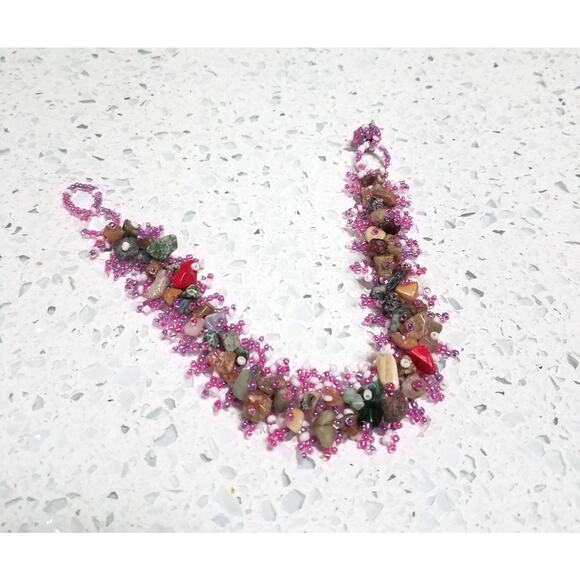 Handmade Beaded Bracelet Stones Pink Green Red - Picture 1 of 8